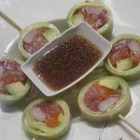 Naruto · Choice of tuna, salmon, yellowtail or crab stick rolled with avocado, thinly sliced cucumber...
