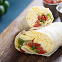 Omelet Wrap · Omelet wrap with eggs, ham, Swiss cheese, spinach, tomato, shredded carrot, red onion served...