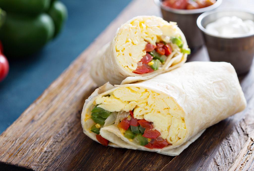 Omelet Wrap · Omelet wrap with eggs, ham, Swiss cheese, spinach, tomato, shredded carrot, red onion served w/ salsa