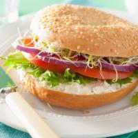 Bagel With Veggies · chive cream cheese, tomato, cucumber, alfalfa sprout, red onion