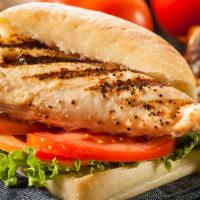 Grilled Chicken & Melted Swiss · Grilled chicken breast, melted swiss, lettuce, tomato, red onion, house honey mustard on whe...