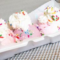 Three Scoops Of Ice Cream · Choice of 3 flavors, toppings, and cone. Cone comes on the side.
Low-lactose ice cream.