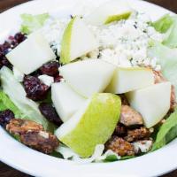Pear Fection (Vt) · Your choice of greens, fresh pear, gorgonzola, candies pecans, & dried cranberry with balsam...