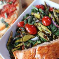 Grilled Salmon Salad* · spinach, grape tomato, asparagus, red onion, capers, brown butter vinaigrette with balsamic ...