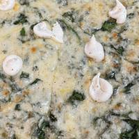 Personal Florentine · Roasted garlic spread, spinach, farmers cheese, fontina, ricotta with sea salt, black pepper...