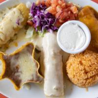 Trio Enchiladas · Combination of three enchiladas: shredded chicken, ground beef and Jack cheese. Each complem...