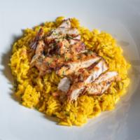 Chicken Over Rice · Grilled Chicken over yellow rice with Alradiha sauce