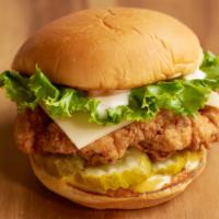 South End Sandwich · Crispy fried chicken breast, Swiss, lettuce, pickles, honey mustard, WUSauce, and sesame rol...