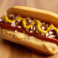 Coney Dog · Pearl beef frankfurter, housemade chili, Cheddar cheese sauce, diced onion, and yellow musta...