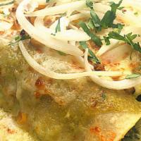 Vegetarian Enchiladas. · (Enchiladas Vegetarianos) (3) enchiladas with Chihuahua cheese, black beans & kale topped wi...