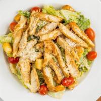 Grilled Or Blackened Chicken Caesar · Classic caesar dressing tossed with romaine lettuce, tomato, house-made croutons and pecorin...
