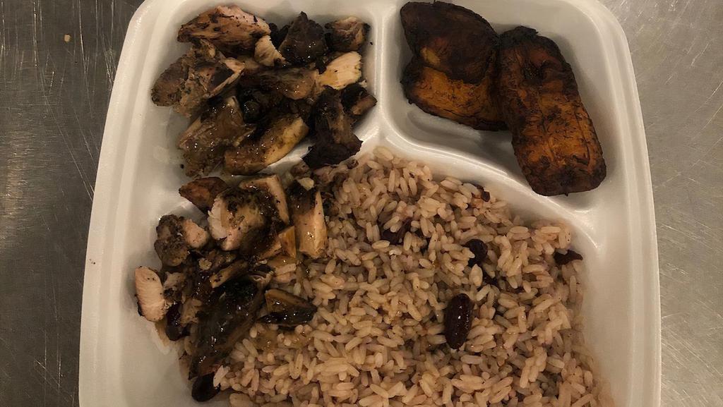 Jerk Chicken Platter · Boneless chicken thigh marinated with our special secret jerk seasoning blend and then slow roasted. Served with choice of plantain or steamed cabbage and also with white rice or rice and peas.