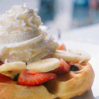 Dessert Waffle · Your Choice of Toppings with Whipped Cream, Powdered Sugar, and Cinnamon. Served with Maple ...