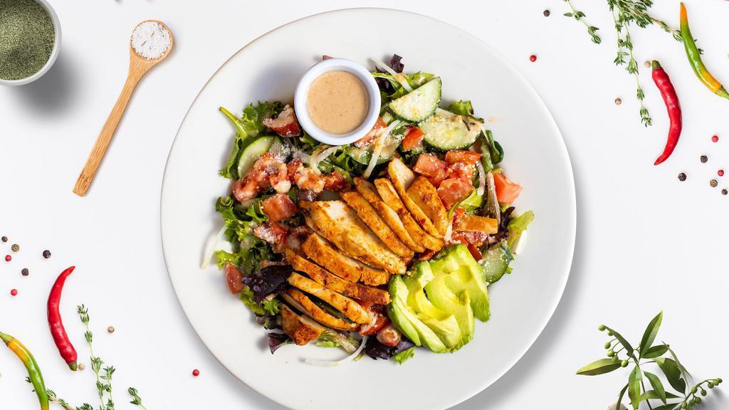 Constant Chicken Salad · Mixed greens, grilled chicken, tomato, onion, cucumber, olives, and avocado tossed with house dressing.