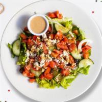 Big Fat Greek Salad · (Vegetarian) Romaine lettuce, cucumbers, tomatoes, red onions, olives, and feta cheese tosse...