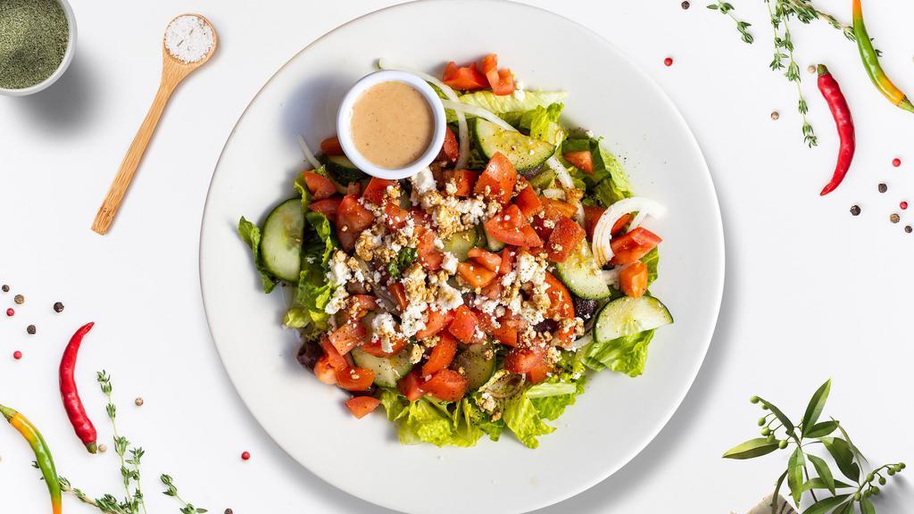 Big Fat Greek Salad · (Vegetarian) Romaine lettuce, cucumbers, tomatoes, red onions, olives, and feta cheese tossed with balsamic vinaigrette dressing.