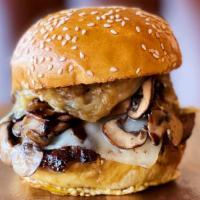 Mellow Gee · Two all-beef smashed patties, melted Swiss, sautéed mushrooms, and caramelized onions on a t...