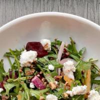 Beet And Goat Cheese Salad · baby kale, arugula, orange segments, red beets, red onion, candied pecans, goat cheese, appl...