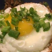Korean Beef Fried Rice · spicy house kimchi, english peas, carrots, sesame, sunny-side-up egg