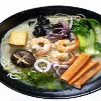 Heaven Noodles · Shrimp, squid, crabmeat, fish tofu, black fungus, mushroom, shanghai bok choy, and scallions...