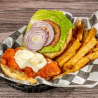 Buffalo Chicken Sandwich · House-made crispy chicken with spicy buffalo sauce, topped with blue cheese, lettuce, tomato...