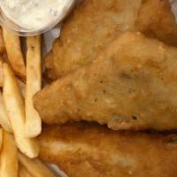 Fish N Chips · White cod fillet of fish in a yuengling beer batter and crispy fried golden served with hous...