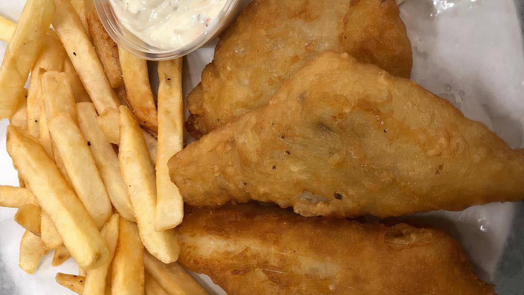 Fish N Chips · White cod fillet of fish in a yuengling beer batter and crispy fried golden served with house fries.