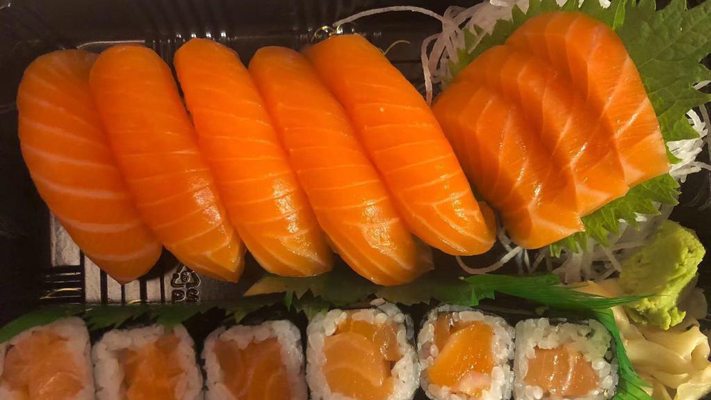 Salmon Lover · 3 pcs sashimi 5 pcs sushi 1 salmon roll