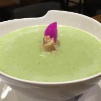 Green Creamy Soup  · Coconut curry broth and creamy edamame