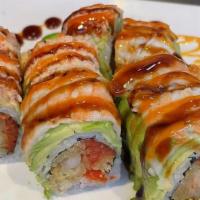 Dancing Dragon Roll · Shrimp tempura, spicy tuna inside, spicy snow crab, shrimp and avocado on top with eel sauce...