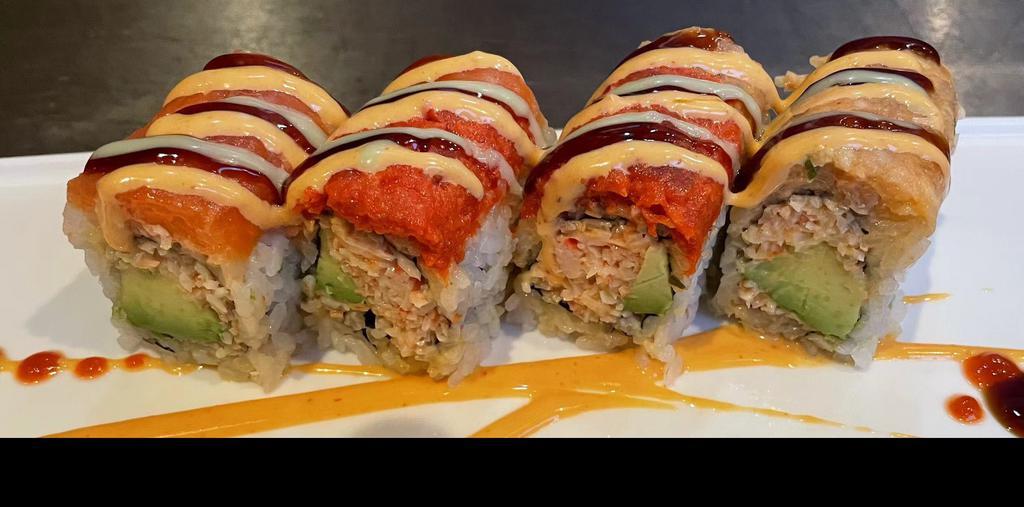Landscape Roll · Spicy snow crab, avocado inside, topped with spicy tuna, spicy salmon and spicy yellowtail served with eel sauce, spicy mayo and wasabi mayo.