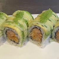 Ninja Turtle Roll · Spicy white tuna, spicy yellowtail and tempura flakes inside, avocado, wasabi tobiko on top ...