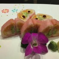 Pink Underwear · Shrimp tempura, spicy salmon, avocado, mango, in soy paper served with spicy mayo and eel sa...