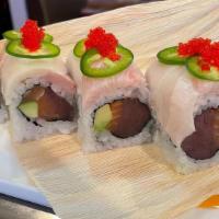Kiss Fire Roll · Tuna, salmon & avocado inside,with yellowtail white tuna, jalapeno & sriracha on top