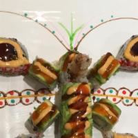 Butterfly Roll 2 In 1 Roll · A. shrimp tempura inside, topped with sliced avocado and eel sauce, spicy mayo and cherry sa...