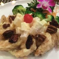Golden Walnut Shrimp · Jumbo shrimp slightly fried with apple,pineapple in yuzu creamy sauce surrounded by steam br...