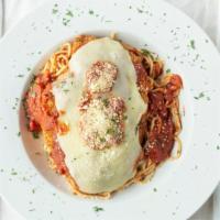Chicken Parmigiana · Served With A Tossed Salad, Spaghetti Or Vegetable And Garlic Bread.