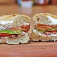 Salmon Blt · Bullfrog's Best Smoked Salmon on a bagel with a schmear of cream cheese, thick cut bacon, le...