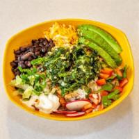 Veggie Burrito Bowl · Vegetarian. Lettuce, rice, beans, pico de gallo, sour cream, cheese, avocado, radish + lime ...