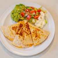 Cheese Quesadilla · Vegetarian. In Flour Tortilla Served With Lettuce, Pico De Gallo, Sour Cream & Guacamole. Ad...