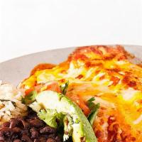Enchiladas · Vegetarian. Your Choice of Protein Wrapped in Two Corn Tortillas, Topped with Ranchera Salsa...