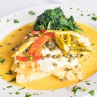 Pollo Franchese · Egg battered chicken breast, roasted peppers, and asparagus topped with melted mozzarella in...