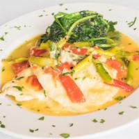 Pollo Nonna · Chicken breast, roasted peppers, asparagus, and smoked mozzarella in a garlic white wine sau...