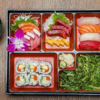 Sushi + Sashimi Bento · Served with miso soup • seaweed salad • pickled radish
• 3 pcs of tuna, salmon and yellowtai...