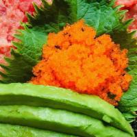 Spicy Tekka Donburi · Spicy tuna tartare • avocado • masago • house made furikake • served over sushi rice.