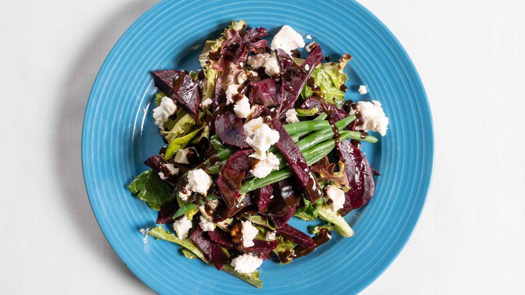 Roasted Beets & Haircut Verts Salad · With aged figs balsamic vinaigrette & goat cheese.
