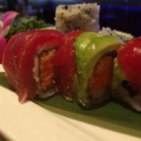 Godzilla Roll · Deep fried salmon, white tuna, red snapper, striped bass, top with spicy mayo, eel sauce, sc...