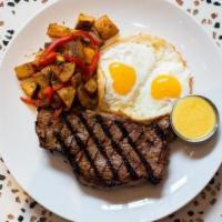 Steak & Eggs · Served with Home Fries. Sliced Grilled Steak with Bearnaise Sauce and Two Eggs Cooked Your W...