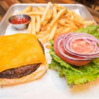 Cheeseburger · Black Angus Beef Patty topped with Lettuce, Tomato, Onion, Cheddar Cheese, and our Special H...