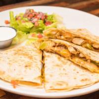Quesadilla · Option to add Chicken, Steak, Shrimp, or Cheese Only. With Peppers, Onion, Cheese Blend. Pic...